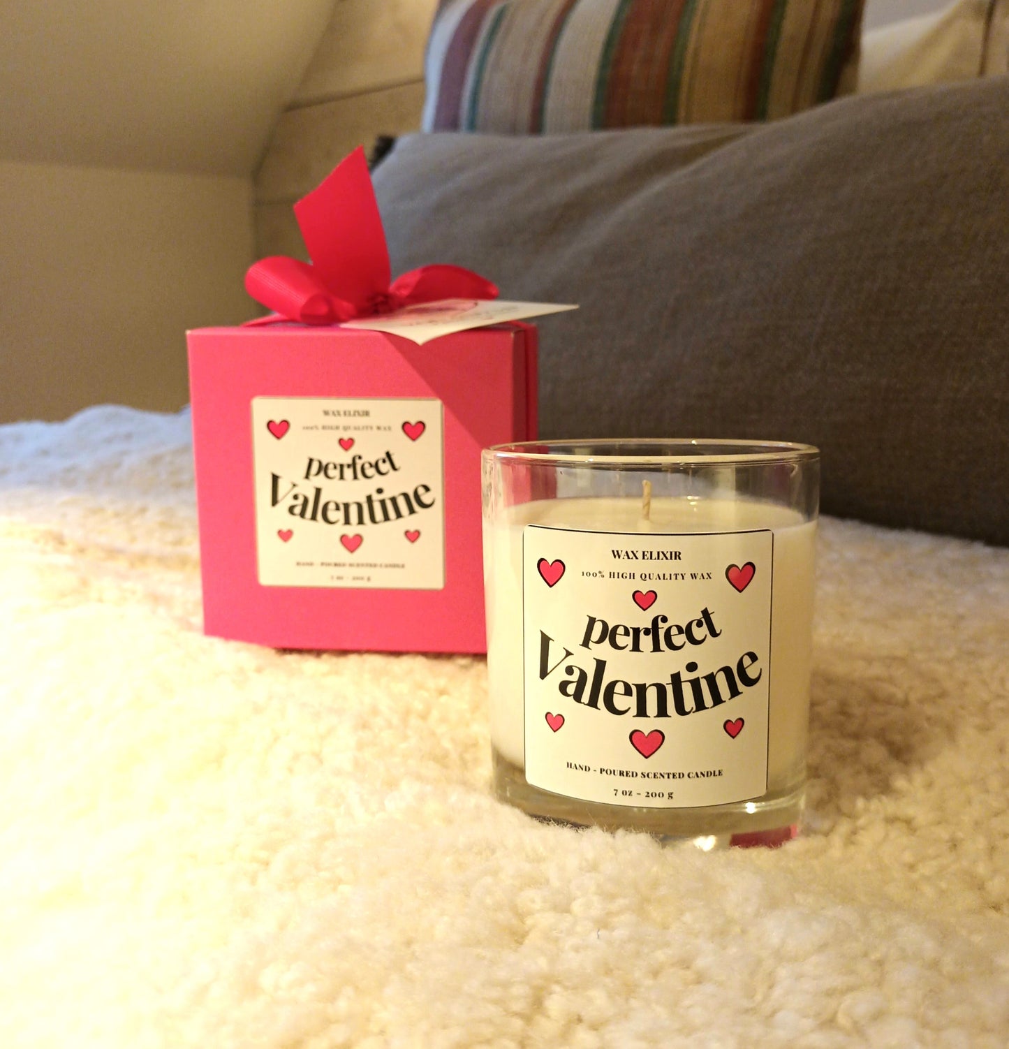 Handmade Soy Wax Valentine’s Day Candle Gift For Her in Hot Pink Gift Pack with Bag & Swing Tag