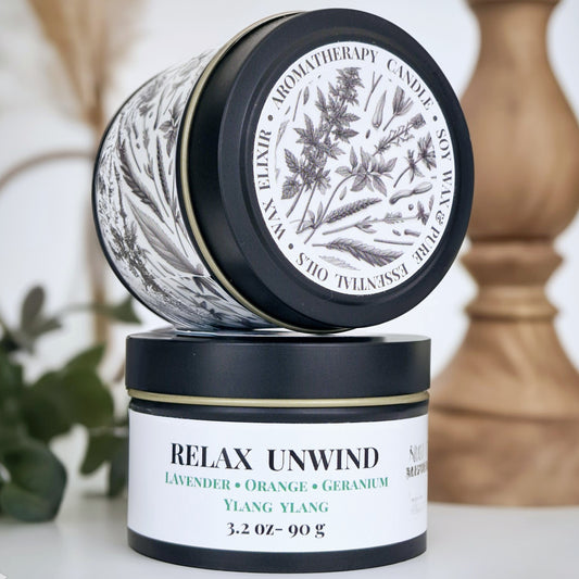 Relax Unwind Aromatherapy Tin Candle 90g CALMING • UPLIFTING • COZY VIBES